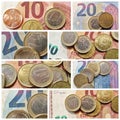 10 and 20 euro banknotes and coins collage