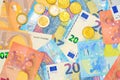 Euro banknotes and coins of different value. Mixed Euro currency money for background and texture. Austria cash closeup top view 1 Royalty Free Stock Photo