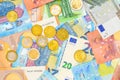 Euro banknotes and coins of different value. Mixed Euro currency money for background and texture. Greece cash closeup top view Royalty Free Stock Photo