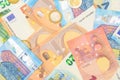 Euro banknotes and coins of different value. Various Euro currency money for background and texture. Latvia cash closeup top view Royalty Free Stock Photo