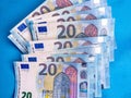 20 euro banknotes that are counted with a blue background Royalty Free Stock Photo