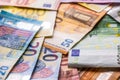 Euro banknotes in detail on the pile of other nominal banknotes
