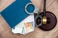 euro banknotes in an envelope, handcuffs and hammer judges