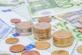 Euro banknotes and euro coins in simple example Royalty Free Stock Photo