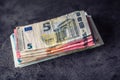 Euro banknotes. Euro currency. Euro money. Close-up Of A Rolled Euro Banknotes On concrete or Wooden table Royalty Free Stock Photo
