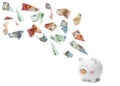 Euro banknotes falling into piggy bank on white background Royalty Free Stock Photo