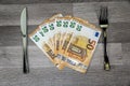 50 euro banknotes with fork and knife Royalty Free Stock Photo
