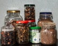 Euro banknotes in a glass jar, among other jars of cereals and dried fruits. Royalty Free Stock Photo