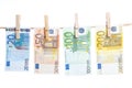 Euro banknotes hanging from a rope Royalty Free Stock Photo