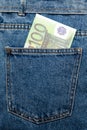 Euro banknotes in jeans back pocket. Forgotten money, nest egg. Concept of saving or spending money. Euro bills falling out. Easy Royalty Free Stock Photo