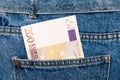 Euro banknotes in jeans back pocket. Forgotten money, nest egg. Concept of saving or spending money. Euro bills falling out. Easy Royalty Free Stock Photo