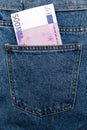 Euro banknotes in jeans back pocket. Forgotten money, nest egg. Concept of saving or spending money. Euro bills falling out. Easy