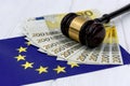 Euro banknotes with judge`s gavel and european union flag Royalty Free Stock Photo