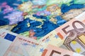 Euro banknotes on the map of Europe