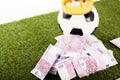 Euro banknotes near soccer ball with paper crown on green grass isolated on white, Royalty Free Stock Photo