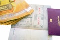 Euro banknotes and passport visa Royalty Free Stock Photo