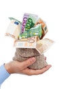 Euro banknotes in small burlap sack Royalty Free Stock Photo