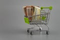 Euro banknotes in supermarket trolley on gray background.
