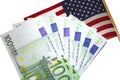100 Euro banknotes with United stated of America or USA flag Royalty Free Stock Photo