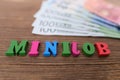 Euro banknotes, wallet, word in German Minijob made of colored letters lie on old wooden table, concept of social assistance to