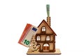 Euro bill in chimney and a wooden toy symbolic house on white isolated background. Heating concept Royalty Free Stock Photo