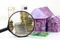 Euro bill House and expenses under magnifying glass Royalty Free Stock Photo