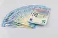 20 euro bills euro banknotes money. European Union Currency.  Isolated background Royalty Free Stock Photo