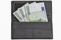 Euro bills in black leather wallet isolated on white Royalty Free Stock Photo