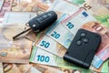 euro bills and a car key. auto investment insurance Royalty Free Stock Photo