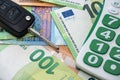 euro bills and a car key. auto investment insurance Royalty Free Stock Photo