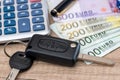 Euro bills with car key and calculator Royalty Free Stock Photo