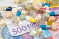 Euro bills and different pill Royalty Free Stock Photo