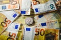 Euro bills harassing the English economy, brexit concept