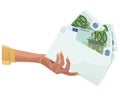100 euro bills. White envelope. Womans hand holds an envelope with cash. Online payment concept. Royalty Free Stock Photo