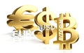 Euro Bitcoin US Dollar 3d rendering sybol golden Royalty Free Stock Photo