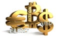 Euro Bitcoin US Dollar 3d rendering sybol golden