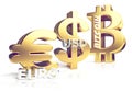 Euro Bitcoin US Dollar 3d rendering sybol golden Royalty Free Stock Photo