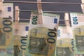 Euro cash notes on clothesline. Money laundering on clothesline. Money Laundering euro hung out to dry. Royalty Free Stock Photo