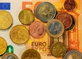 Euro cent and euro coins lie on a fifty euro banknote Royalty Free Stock Photo