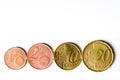 Euro cents in ascending order, on a white background, Business, savings.