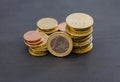 Euro cents on a black background. Stacks of coins on the table. Royalty Free Stock Photo