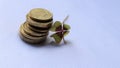 Euro cents and cloverleaf isolated on a white background Royalty Free Stock Photo