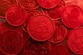 Euro cents coins close-up in red light. Euro currency inflation.Euro exchange rate in the European Union.Money Royalty Free Stock Photo