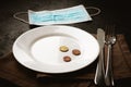 Euro cents coins on empty plate and medical mask on black background. Lack of money, poverty and unemployment concept Royalty Free Stock Photo