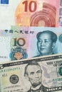 Euro, China Yuan and US dollar banknotes Royalty Free Stock Photo
