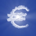 Euro cloud sign with volume light on blue sky and sun. Realistic 3d illustration Royalty Free Stock Photo