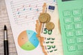 Euro coin and bills with calculator on chart with stock market prices. Royalty Free Stock Photo