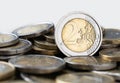 Euro coin with a face value of two euros closeup.