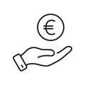 Euro Coin in Human Hand Line Icon. Save Money Sign. Salary, Finance Payment Linear Pictogram. Business Wealth Outline Royalty Free Stock Photo