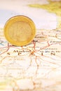 Euro Coin on a Map of Spain Royalty Free Stock Photo